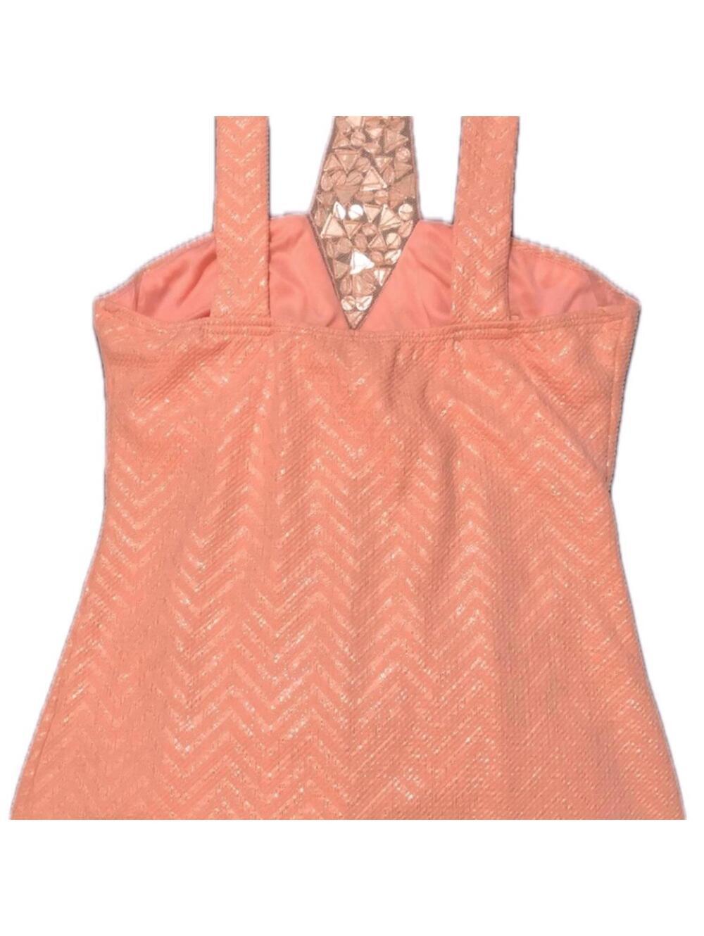 Jacaranda Peach Chevron Peplum Top with Beaded Rhinestone Neckline Size S - Picture 2 of 3